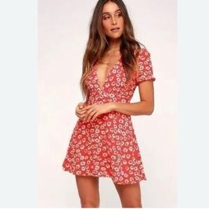 Lulu's Flower Power Deep V Mini Dress Belt Red Pink White Short Waist